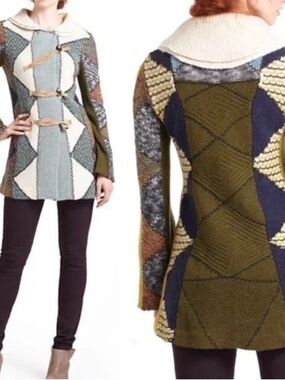 Anthropologie Olive Multi Patchwork Toggle Cardigan